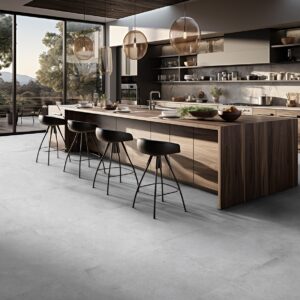 Cocina Integrada Con Suelo Porcelánico Shells Gris