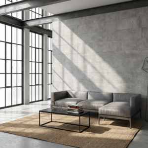 Ambiente de salón moderno con suelo serie Trend Acero